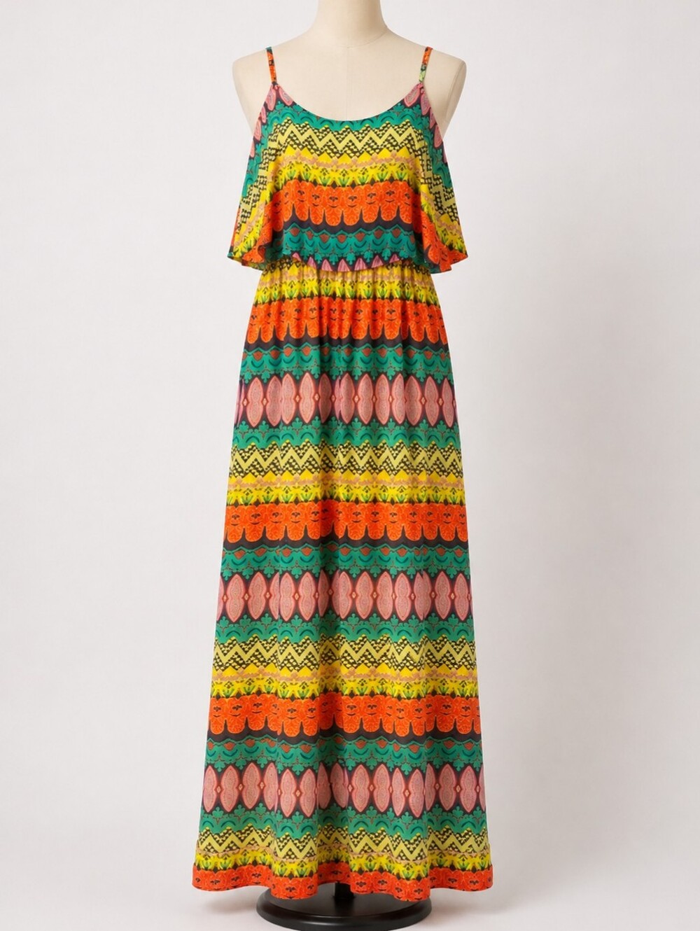 Red Camel Yellow Dress with Multicolor Patterned Trim